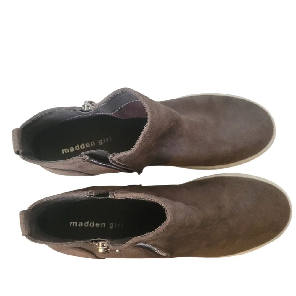 Madden Girl Piper High Top Hidden Wedge Sneakers‎ Brown Suede Side Zip Size 9.5